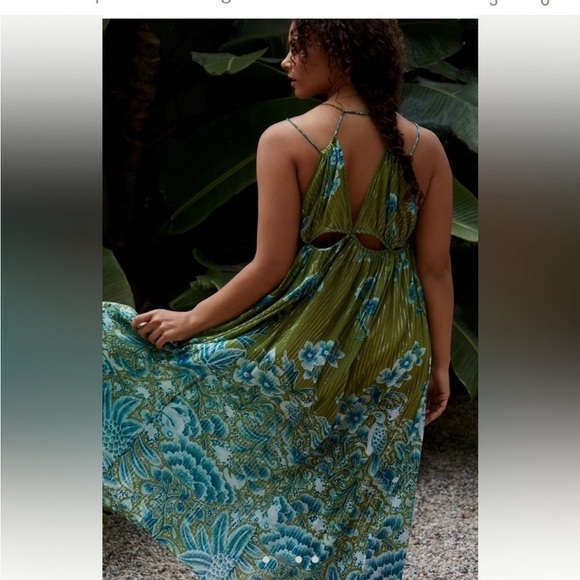 NWT Anthropologie Green Motif and Blue Metallic Cutout Maxi Dress Size XSP - Picture 2 of 10